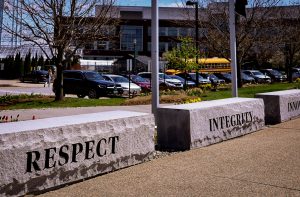 Common Ground Values displayed on blocks outside Davis Center April 30.