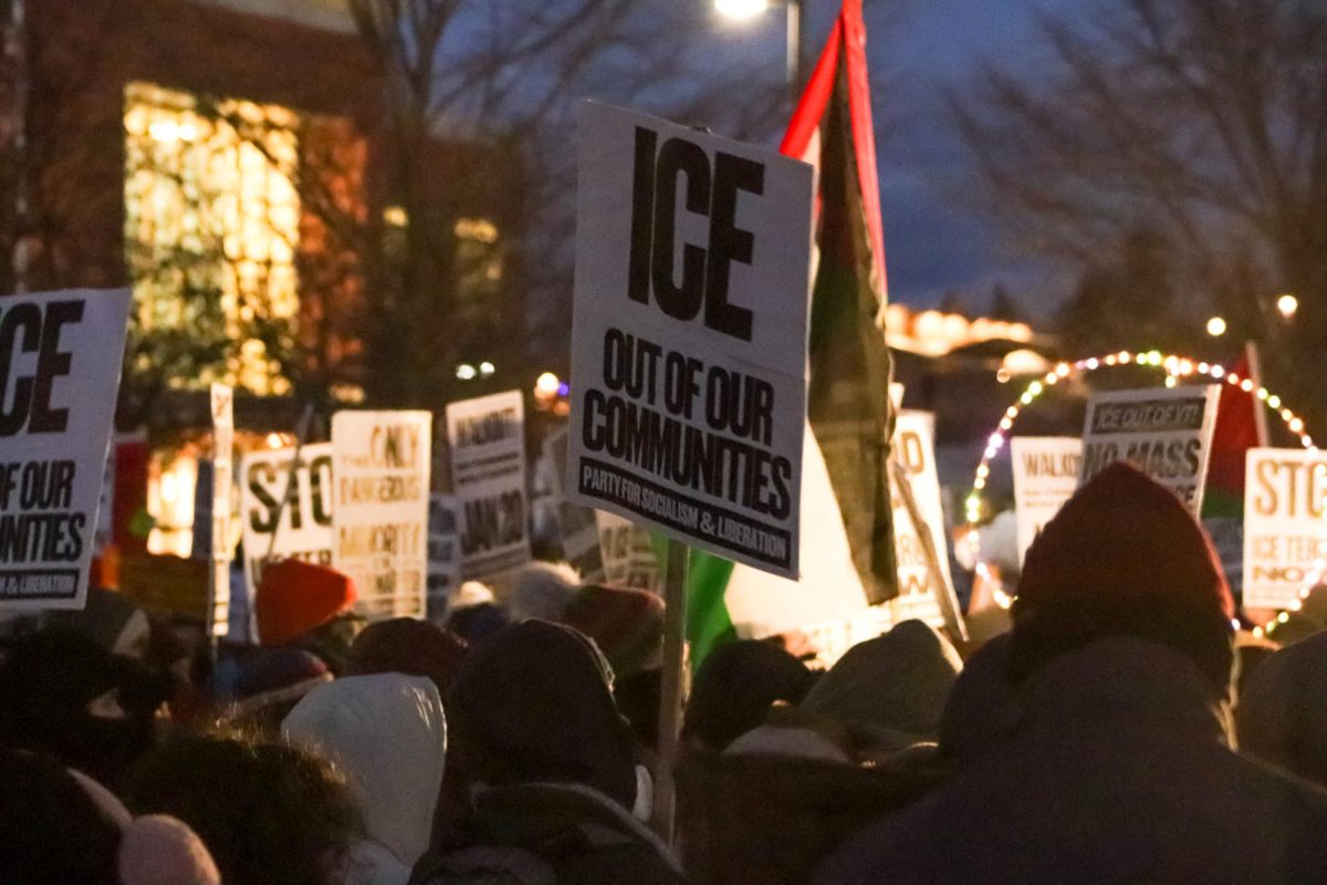 Protestors gathered in front of the Immigration Customs Enforcement facility in Williston, VT, Jan. 20.