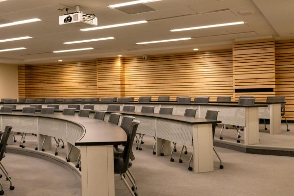 An empty classroom in Kalkin Hall with a recording device, Feb 6.
