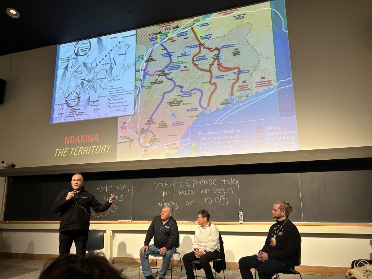 From left to right, Daniel Nolett, Yves Landry, Denise Watso, Conor Hawk Cubit give a presentation in the Race and Culture course, March 24.