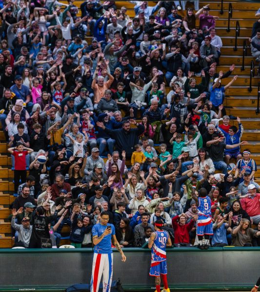 Hot Shot hypes up the crowd as the Harlem Globetrotters start the second half of the game, April 21.