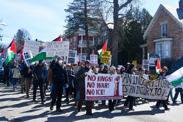 Protestors march to City Hall during a No Kings protest, March 28.